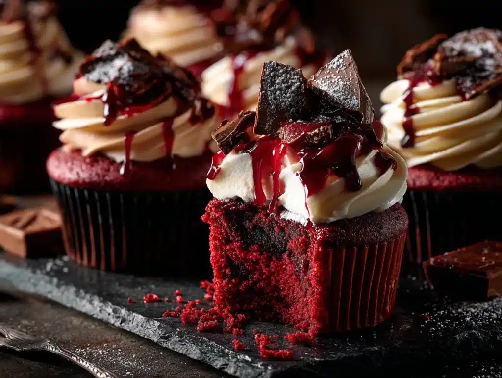 bloody red velvet cupcakes - featured image
