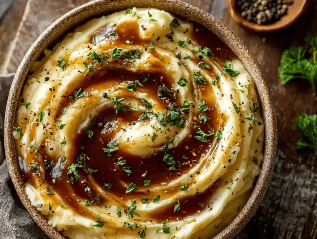 garlic mashed potatoes with gravy - featured image