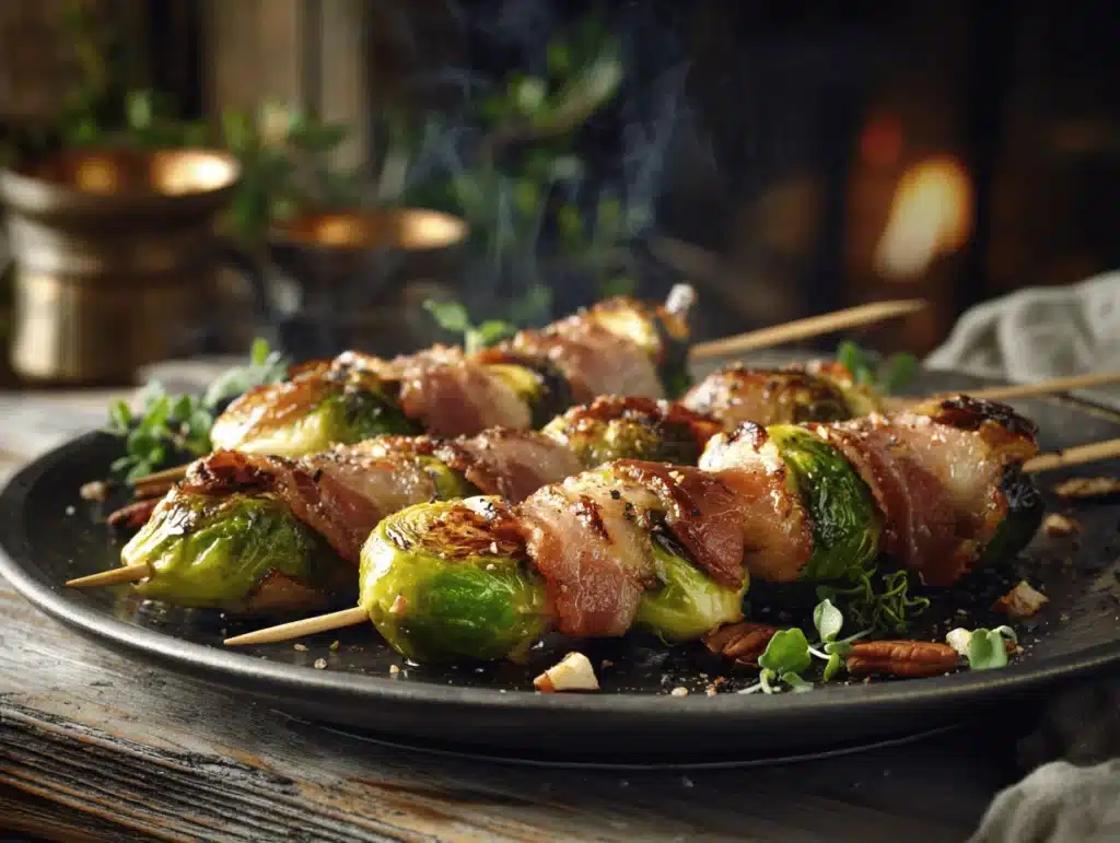 maple bacon brussels sprouts skewers - featured image