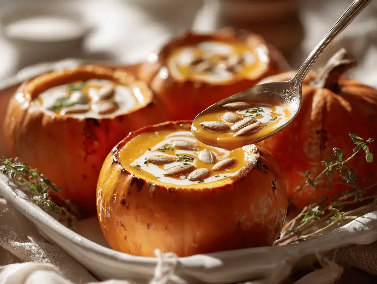 pumpkin soup in mini pumpkin bowls preparation steps