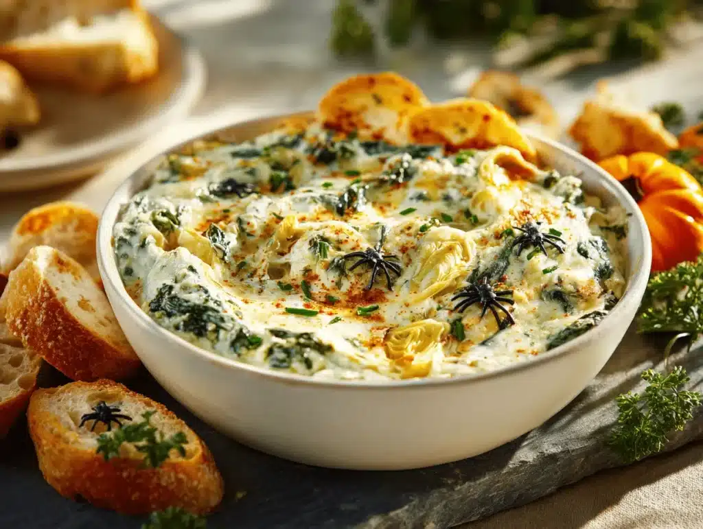 spooky spinach and artichoke dip - featured image