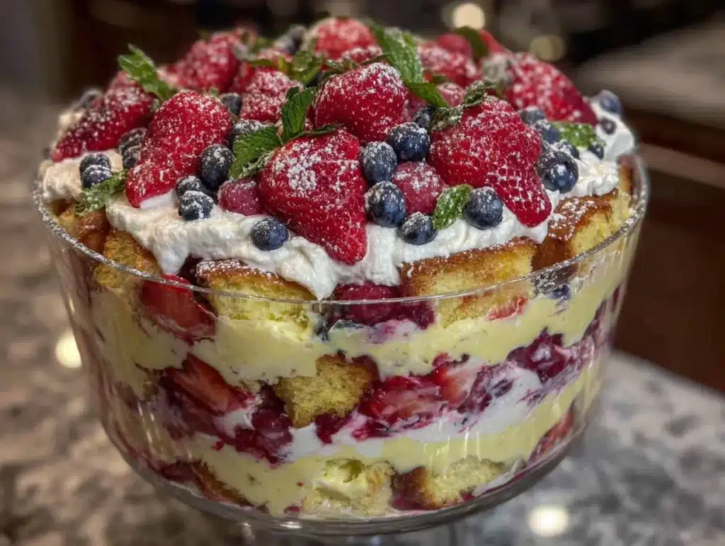 red white and blue berry trifle - featured image