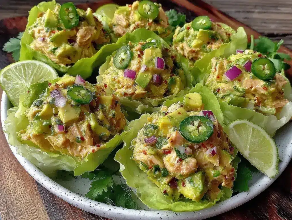 healthy avocado lime chicken lettuce cups - featured image