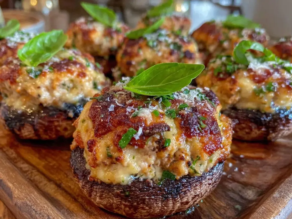 healthy chicken parmesan stuffed mushrooms - featured image