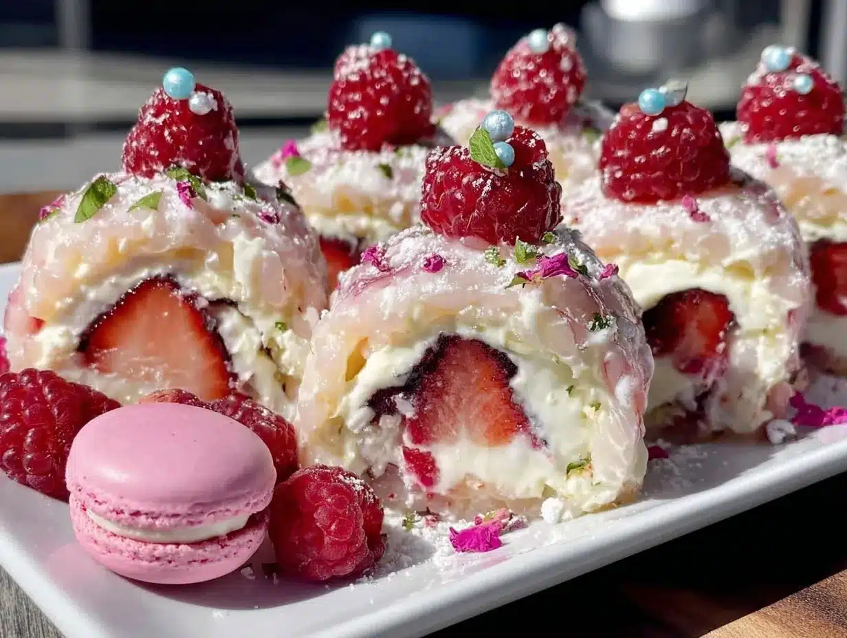 pink dessert sushi board preparation steps