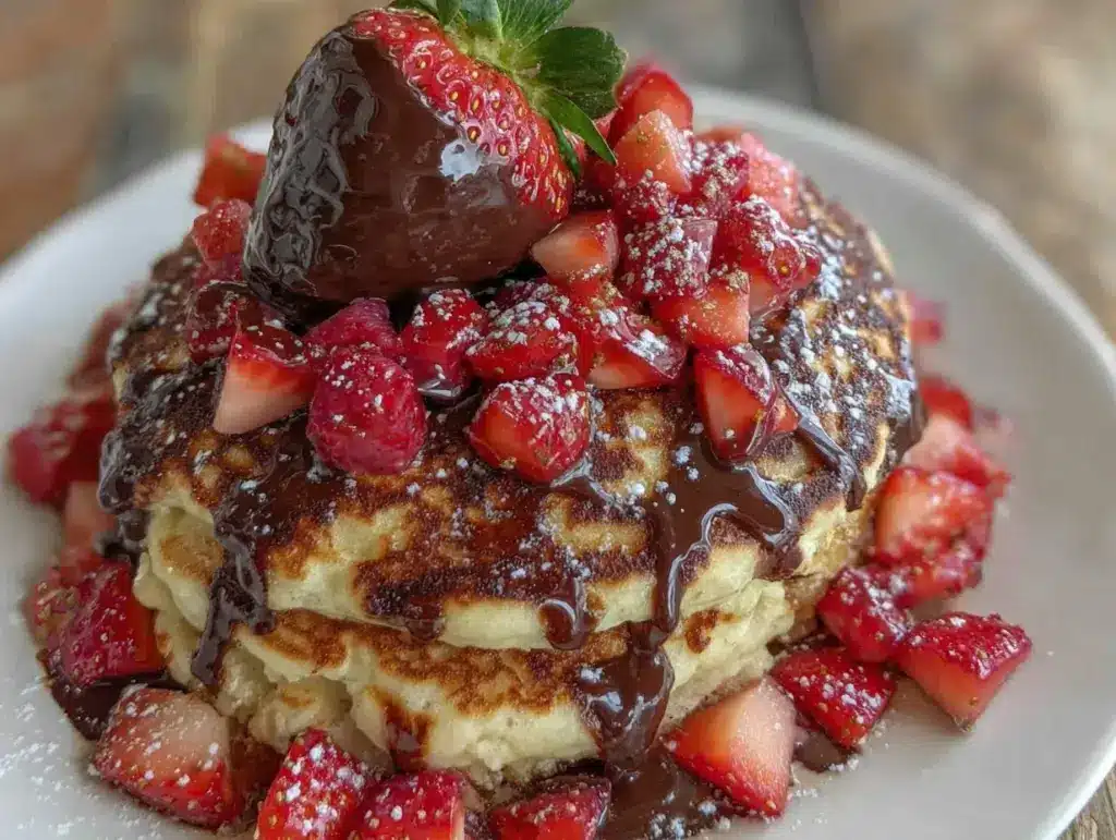 chocolate-covered strawberry pancake stack - featured image