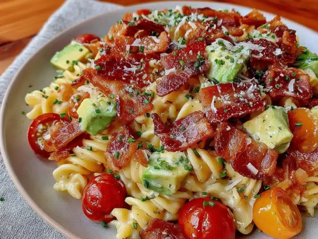 creamy blt pasta salad with avocado - featured image
