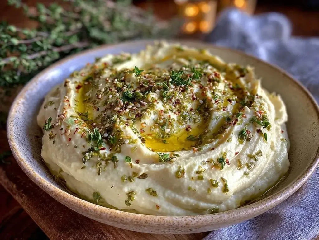 creamy hummus with zaatar and olive oil drizzle - featured image