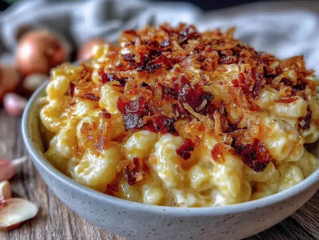 creamy mac and cheese with crispy shallots - featured image
