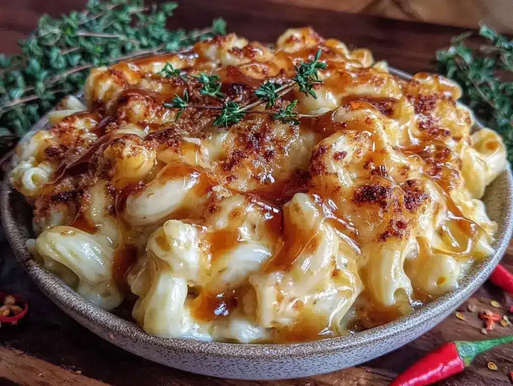 creamy mac and cheese with spicy hot honey drizzle - featured image