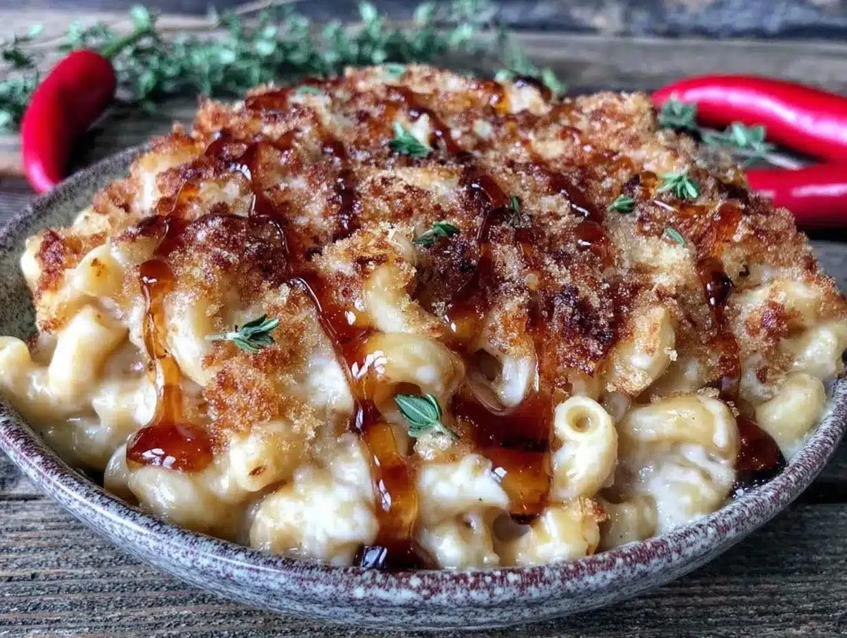 creamy mac and cheese with spicy hot honey drizzle preparation steps