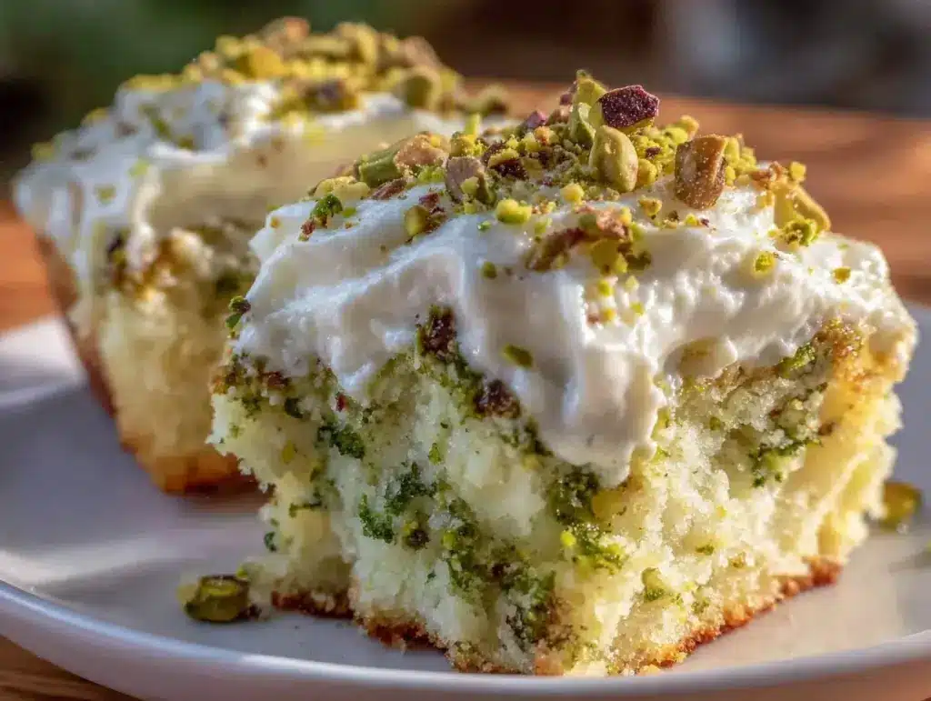 creamy pistachio pudding poke cake - featured image