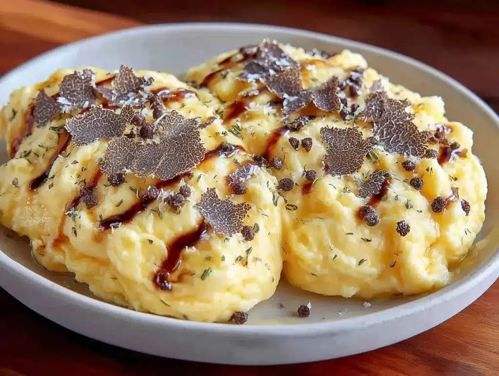 creamy scrambled eggs with truffle oil - featured image