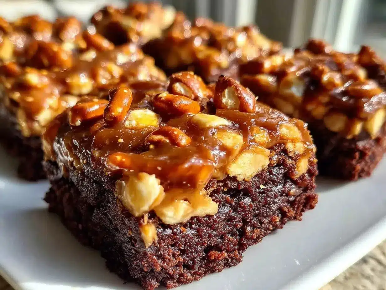crispy brownies with peanut butter pretzel topping preparation steps