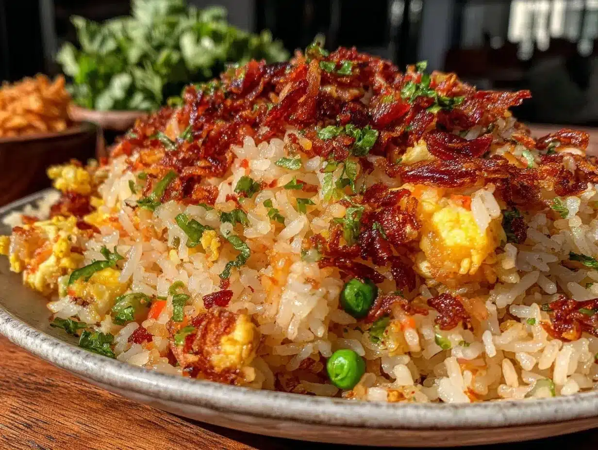 crispy fried rice with garlic and fresh herbs preparation steps