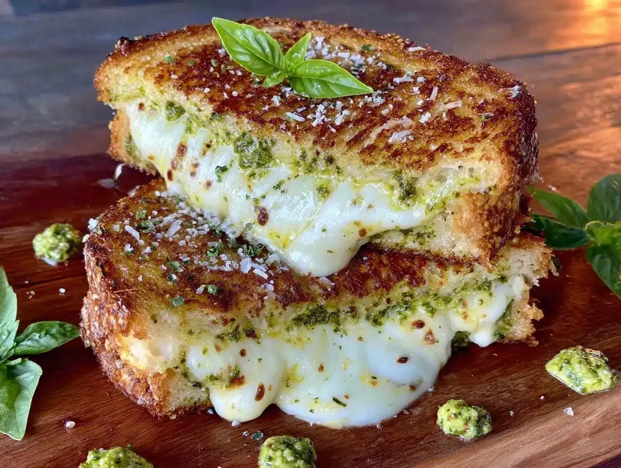 crispy grilled cheese with fresh pesto and mozzarella preparation steps