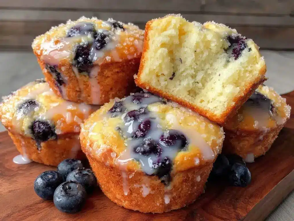 fluffy blueberry muffins with lavender glaze - featured image
