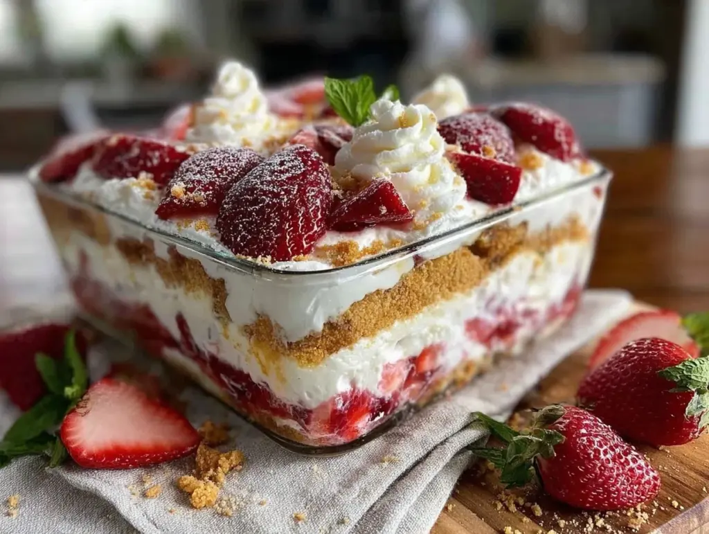 no bake strawberry cheesecake lasagna - featured image