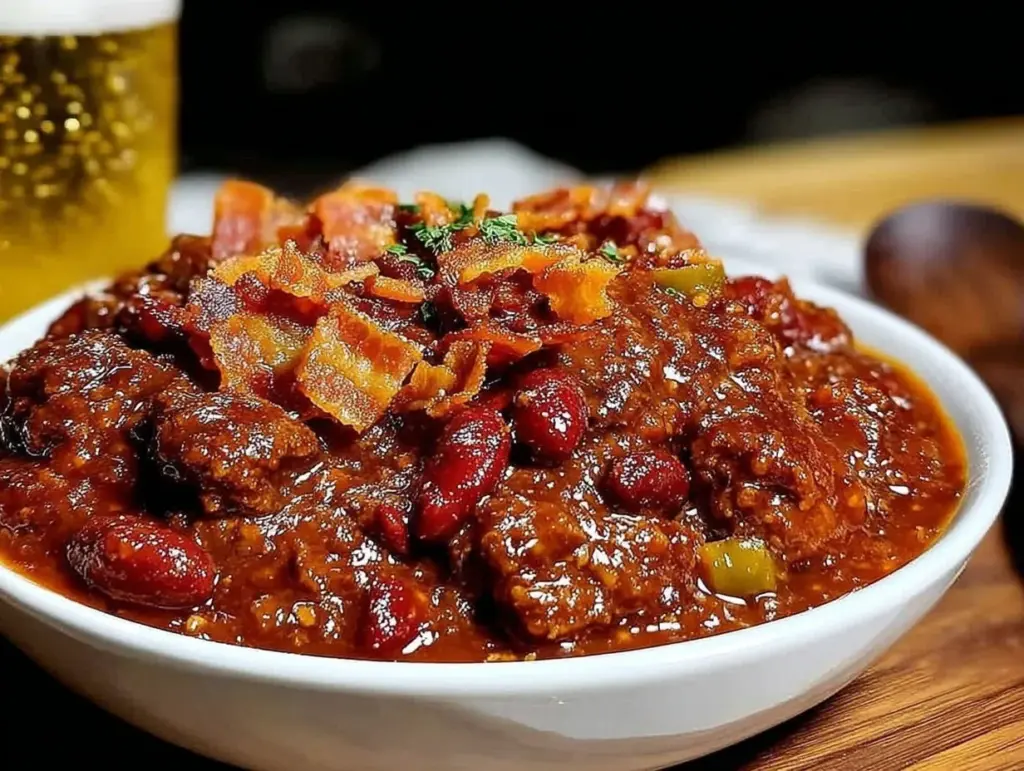 savory chili with beer and bacon - featured image