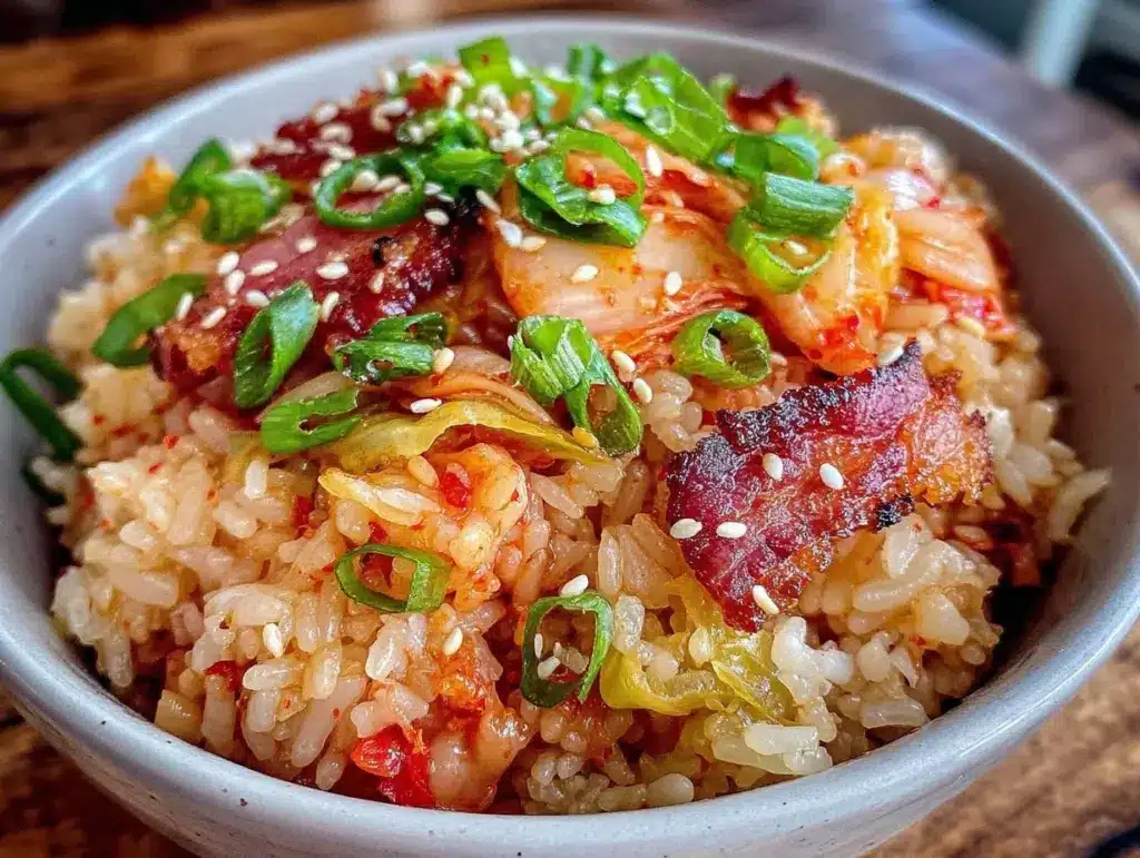 savory fried rice with kimchi and crispy bacon - featured image