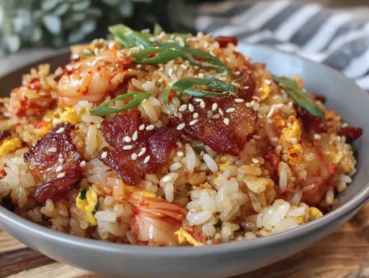 savory fried rice with kimchi and crispy bacon preparation steps