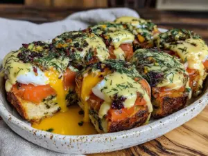 creamy smoked salmon eggs benedict bake - featured image