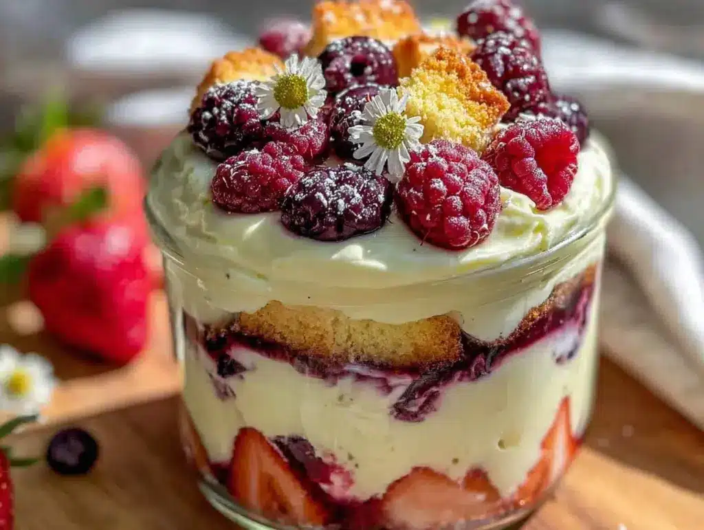 creamy sugar cookie frosting berry trifle - featured image