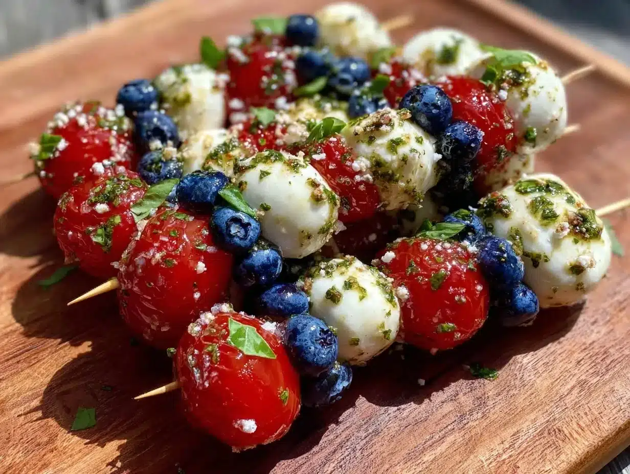 patriotic red white and blue caprese skewers preparation steps