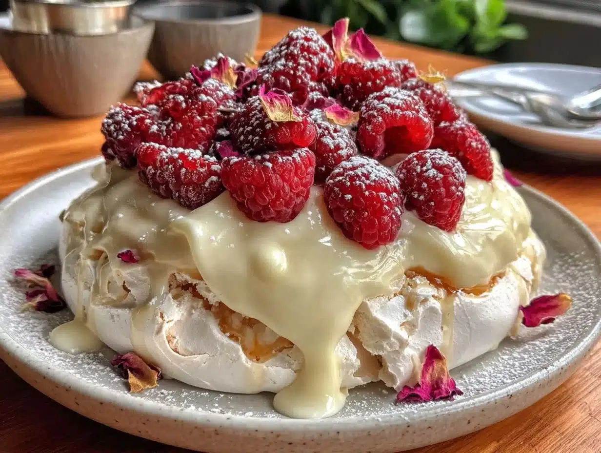 raspberry rose white chocolate pavlova - featured image