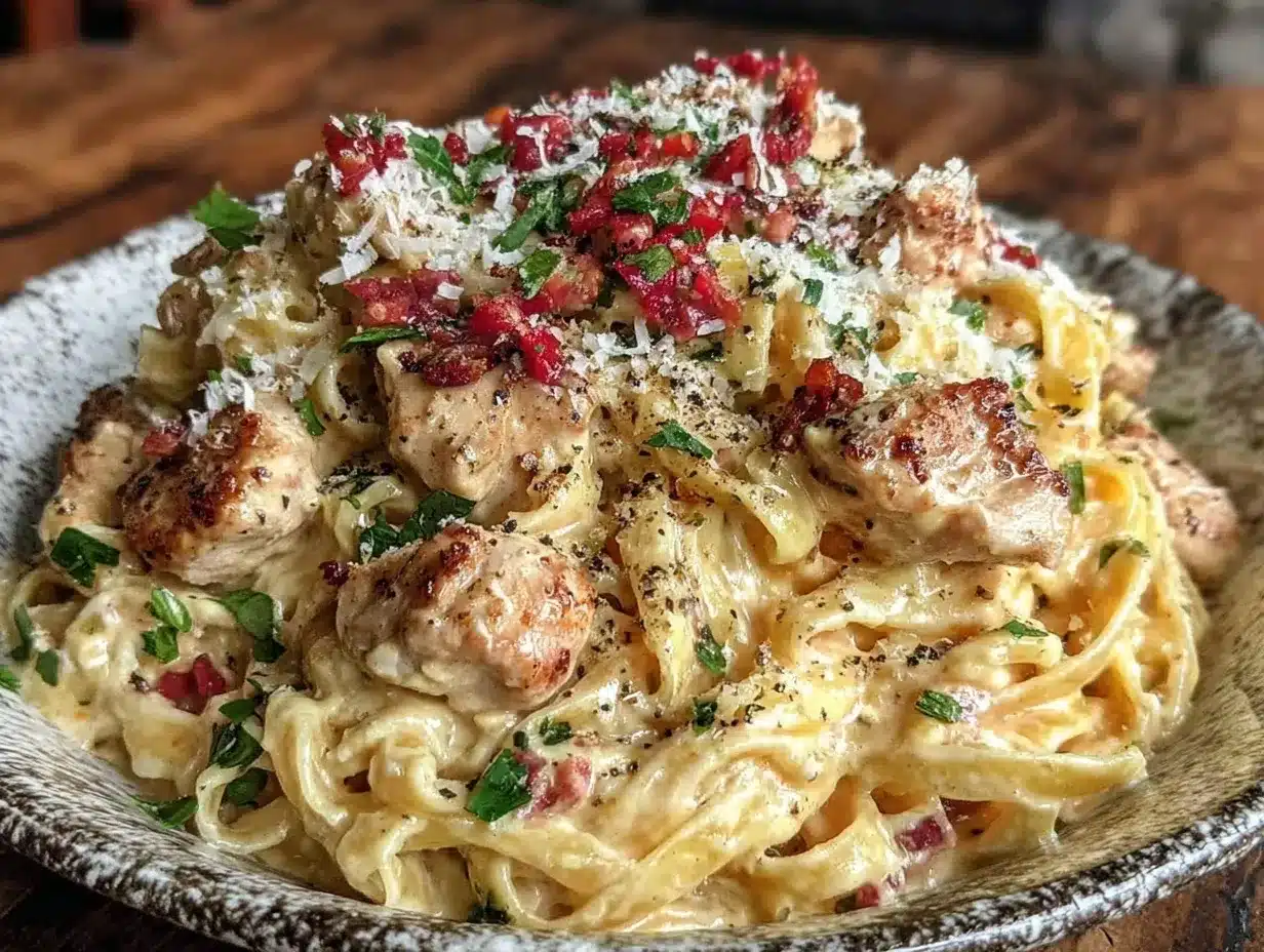 creamy one pot chicken Alfredo pasta preparation steps