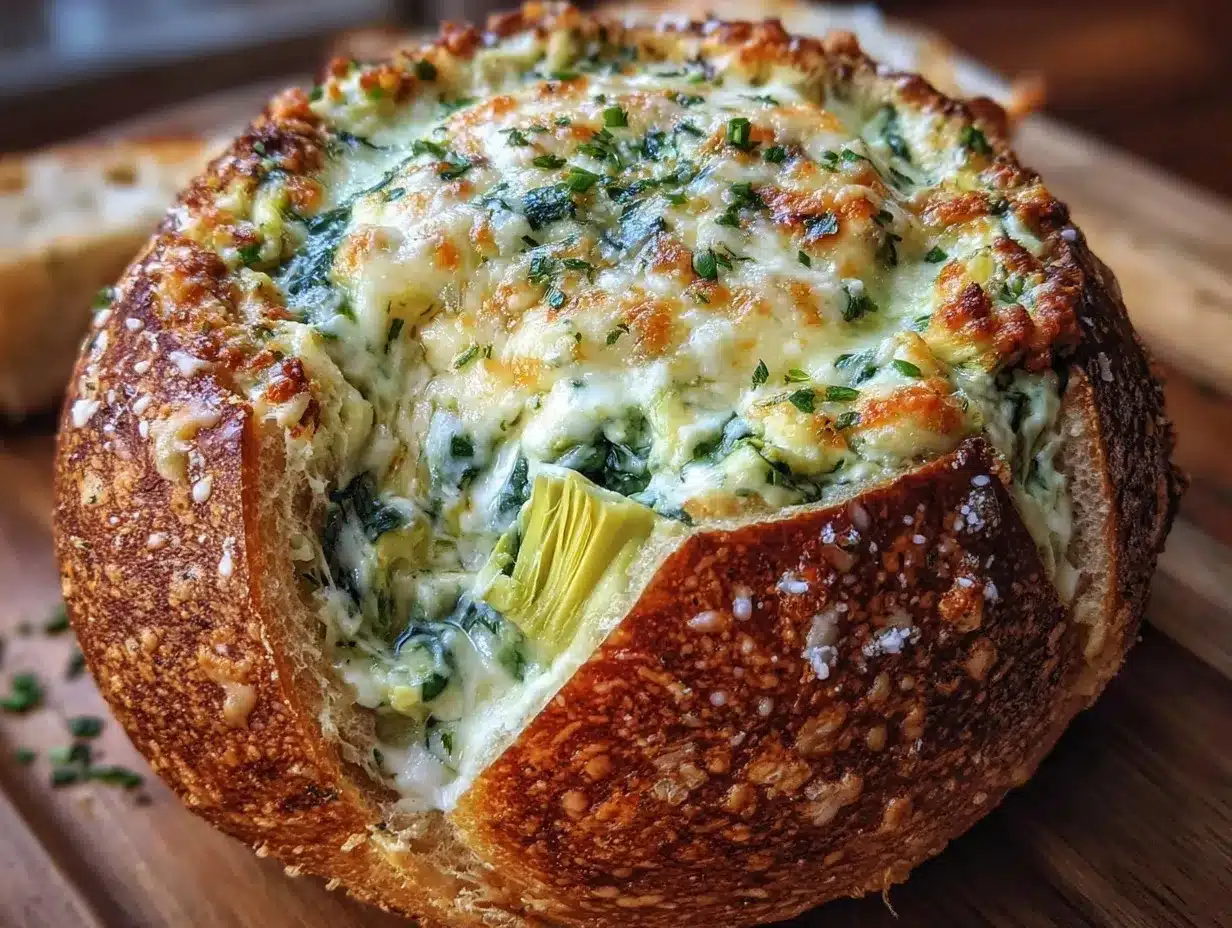 creamy spinach artichoke dip bread bowl preparation steps