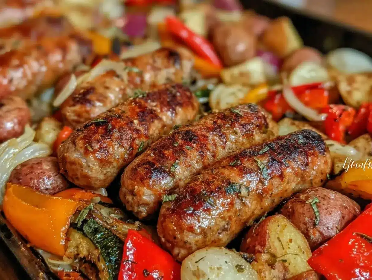 crispy sheet pan sausage and roasted vegetables preparation steps