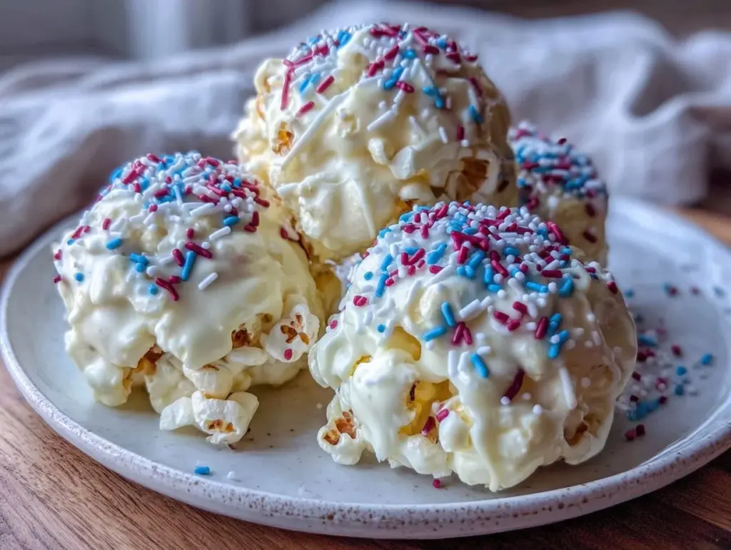 festive red white and blue popcorn balls - featured image