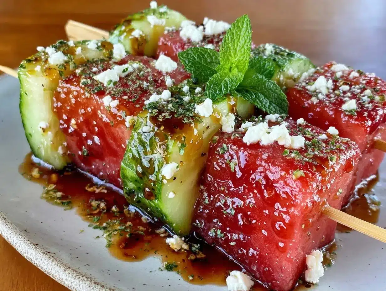 fresh watermelon feta cucumber skewers preparation steps