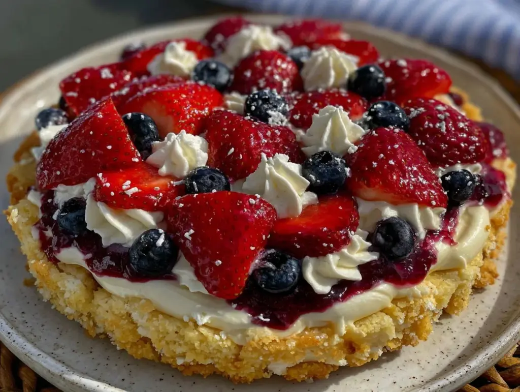 no bake patriotic cream cheese fruit pizza - featured image
