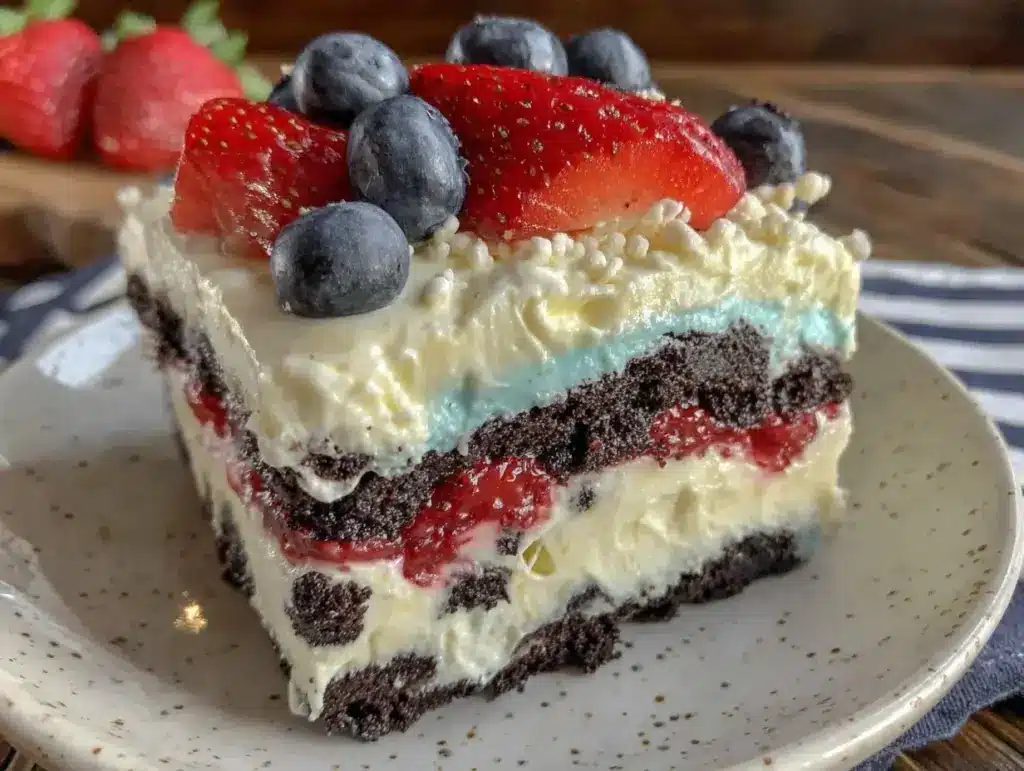 no bake patriotic oreo lasagna - featured image