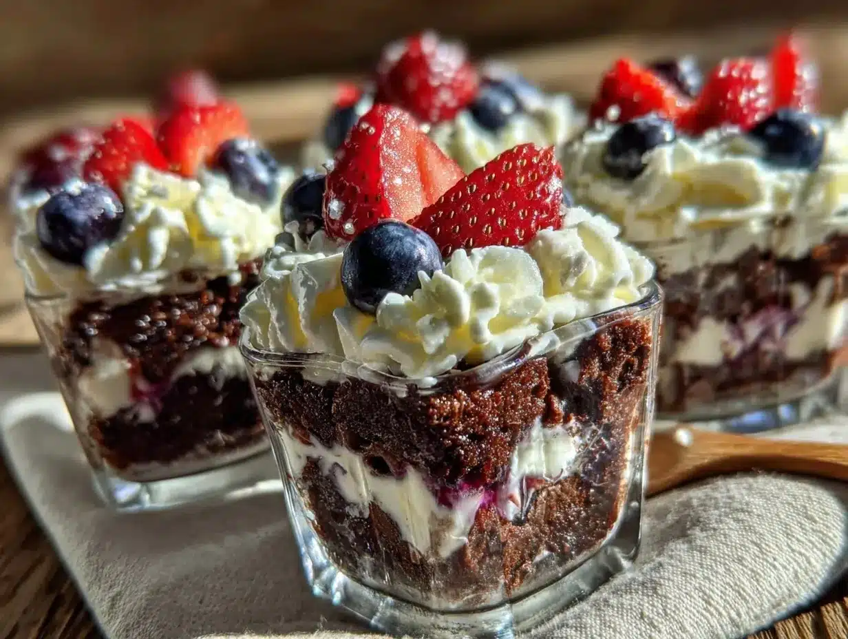 red white and blue brownie trifle cups preparation steps