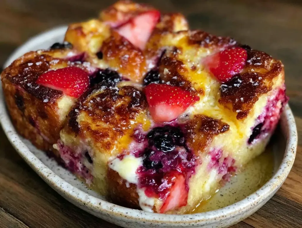 red white and blue stuffed french toast bake - featured image
