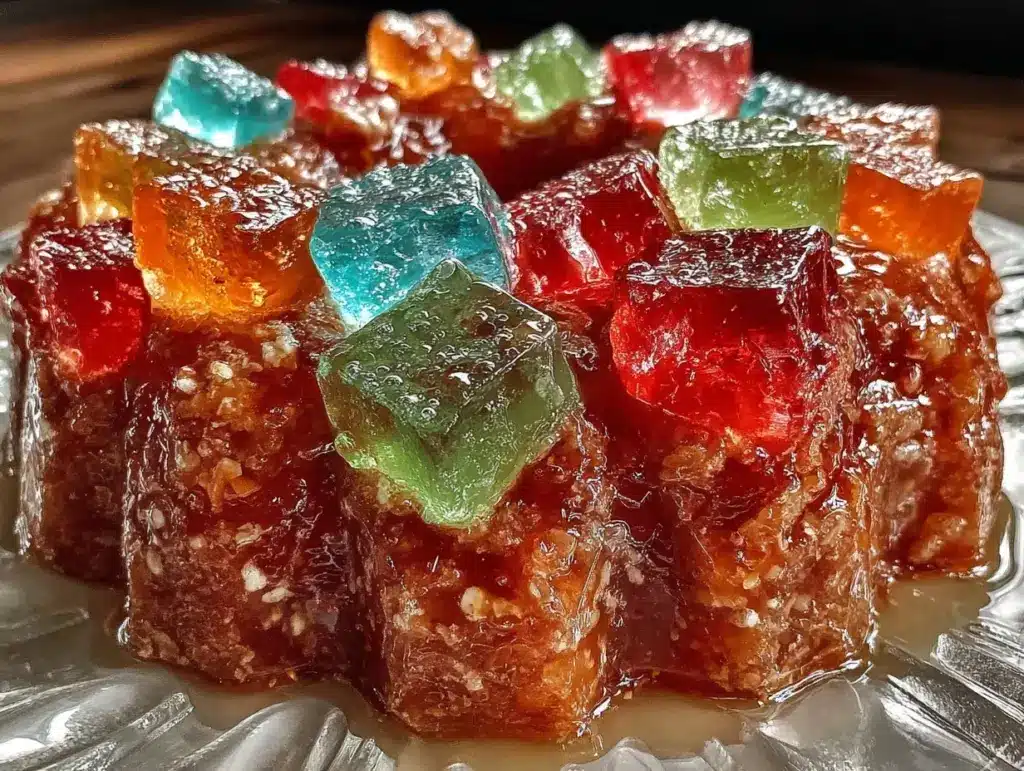 vibrant layered gelatin mosaic cake - featured image