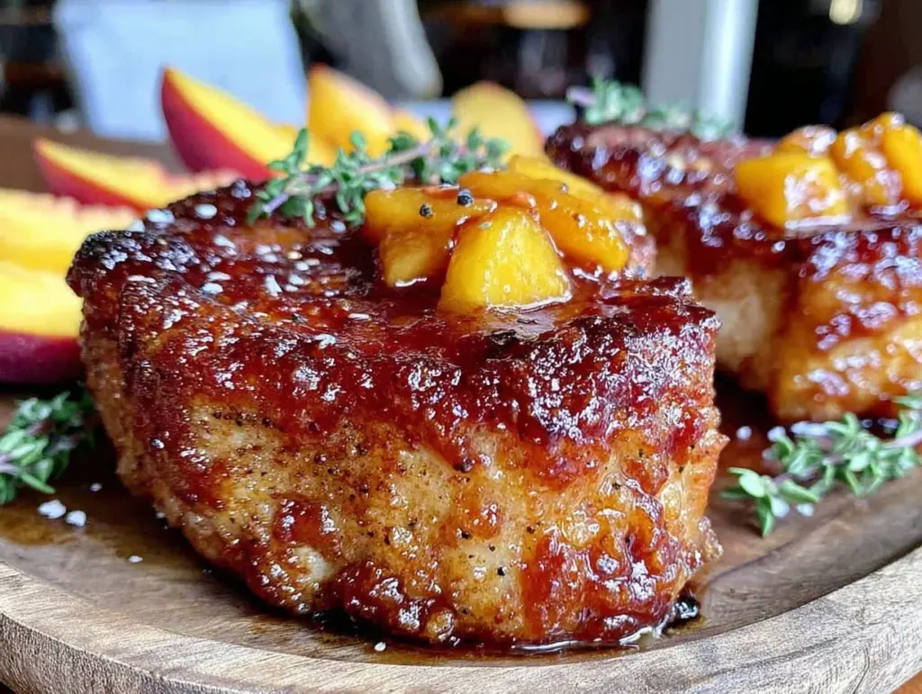 bourbon peach glazed pork chops - featured image