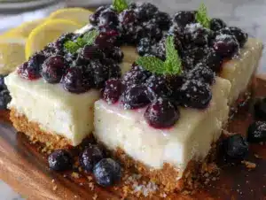 creamy blueberry lemon icebox pie bars - featured image