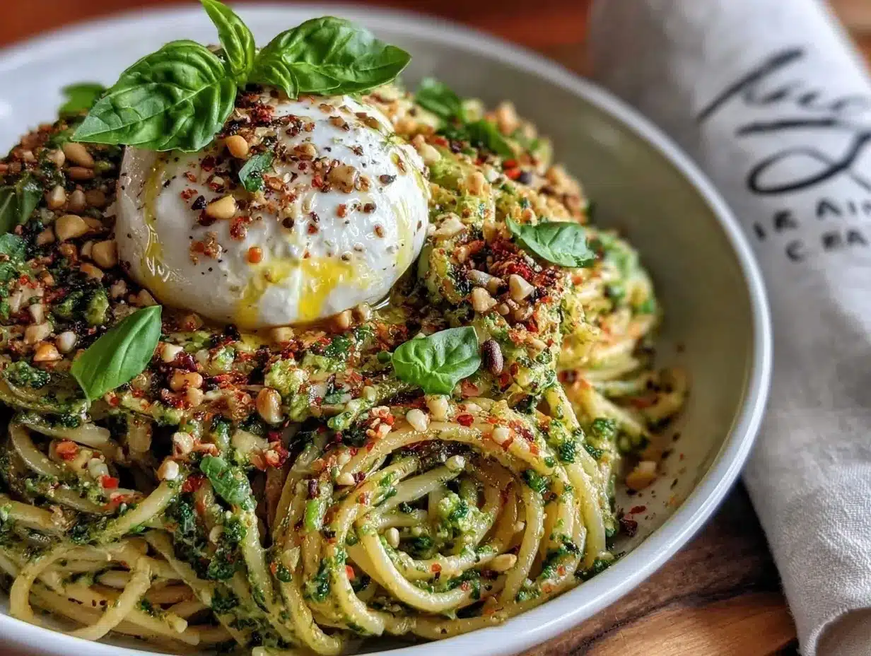 creamy garlic scape pesto pasta with burrata preparation steps