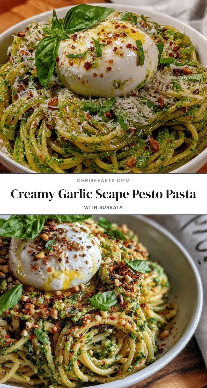 creamy garlic scape pesto pasta with burrata recipe