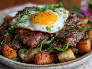 crispy steak and egg hash - featured image