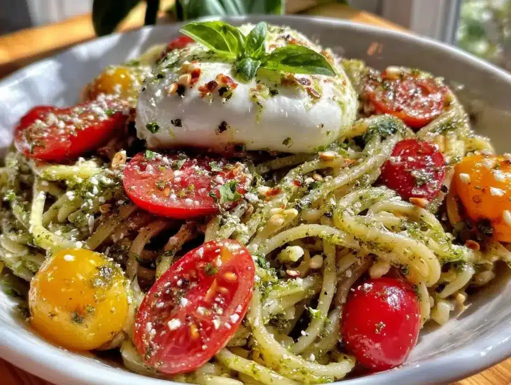 garlic scape pesto pasta - featured image