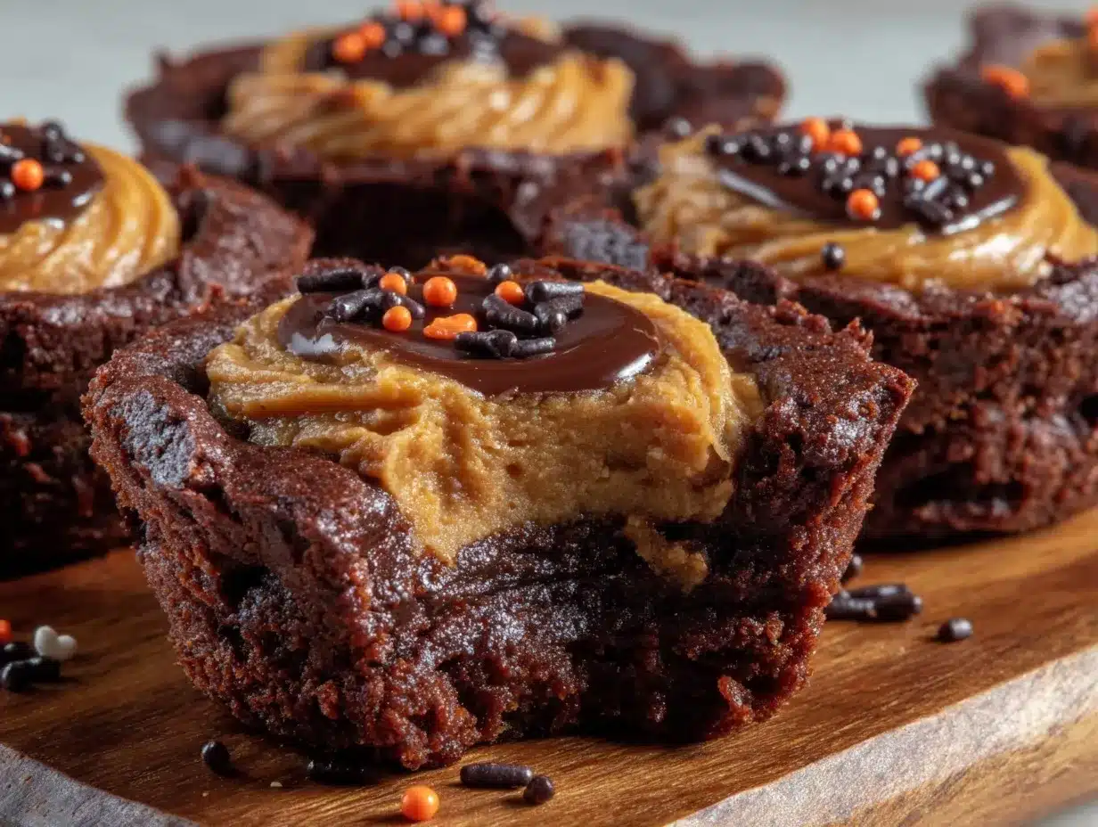 black and orange brownie batter halloween cookie cups preparation steps
