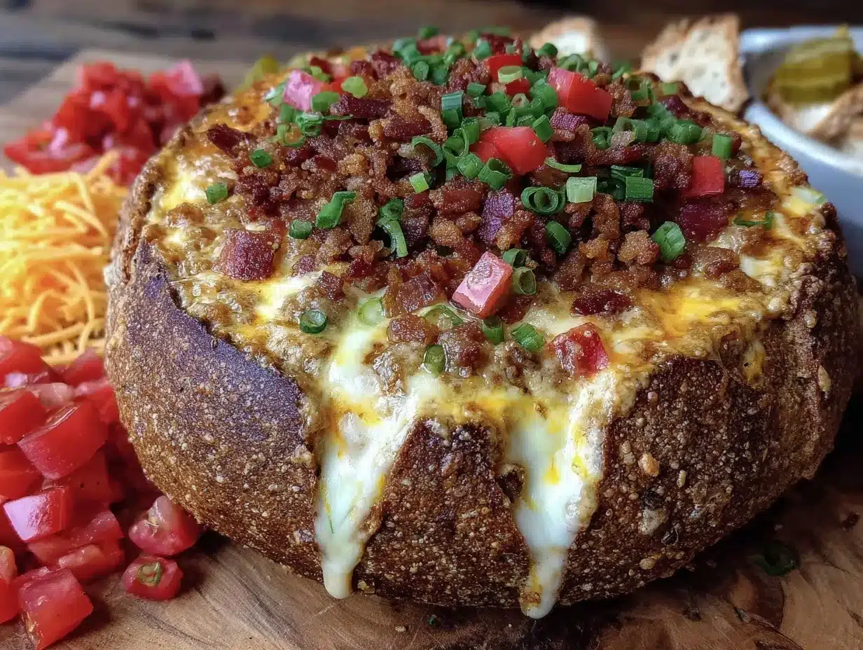 cozy loaded cheeseburger dip bread bowl preparation steps