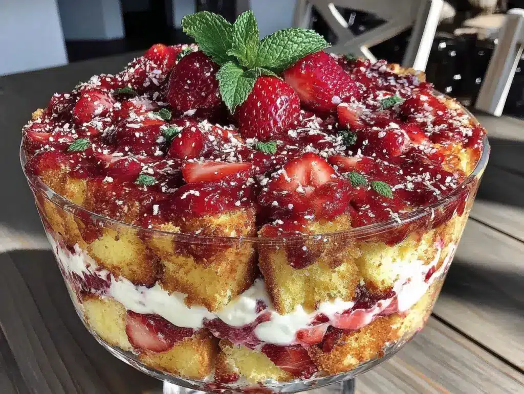 creamy layered strawberry shortcake trifle - featured image