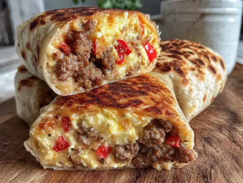 easy make-ahead egg and sausage breakfast burritos - featured image