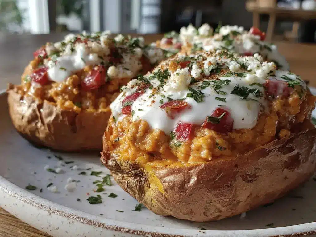 healthy high-protein turkey stuffed sweet potatoes - featured image